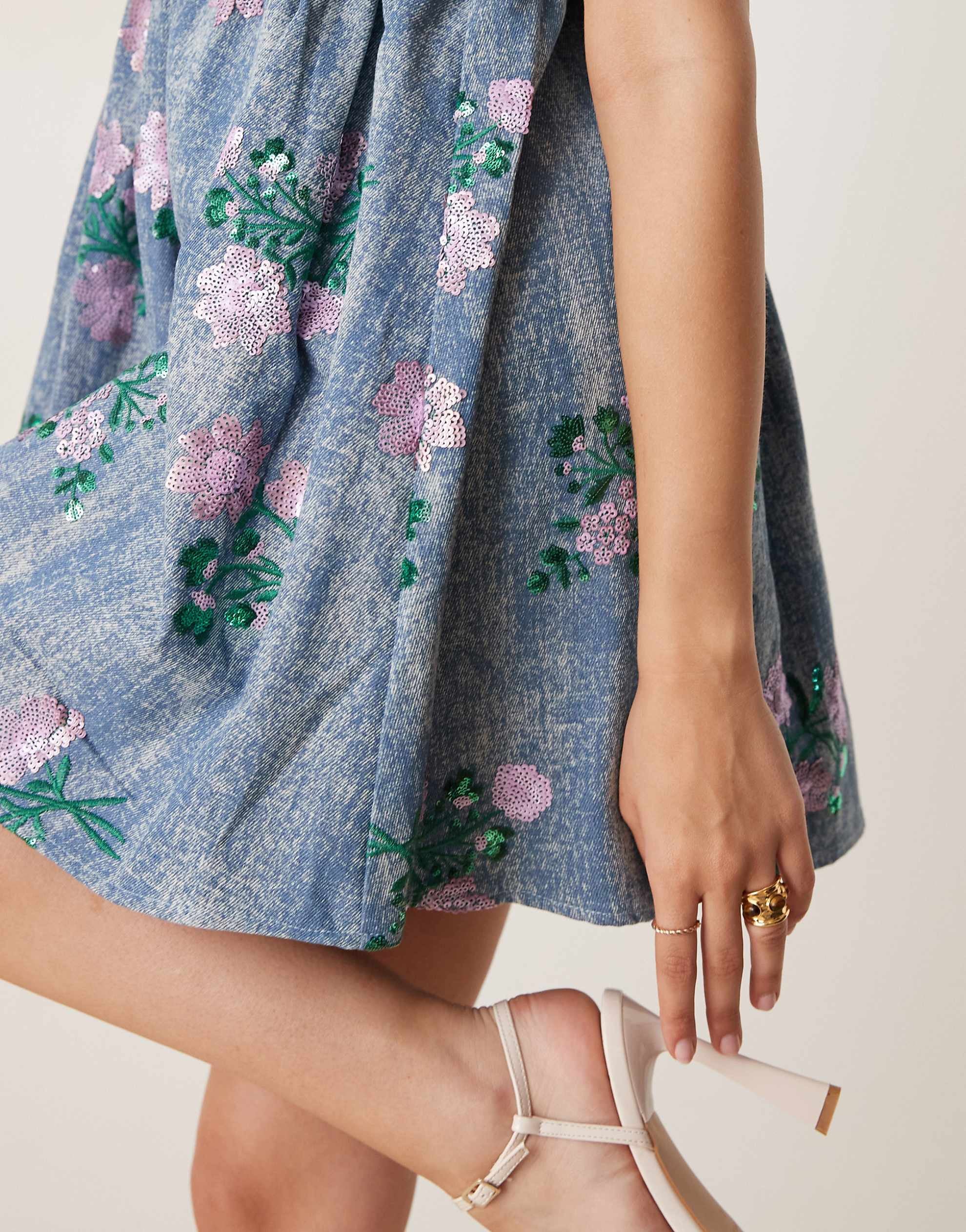 Dream Sister Jane floral embellished smock mini dress denim blue