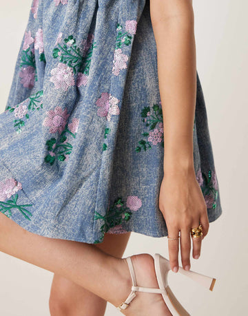 Dream Sister Jane floral embellished smock mini dress denim blue