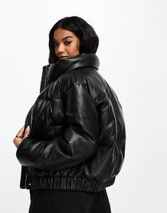 Abercrombie & Fitch leather puffer jacket black