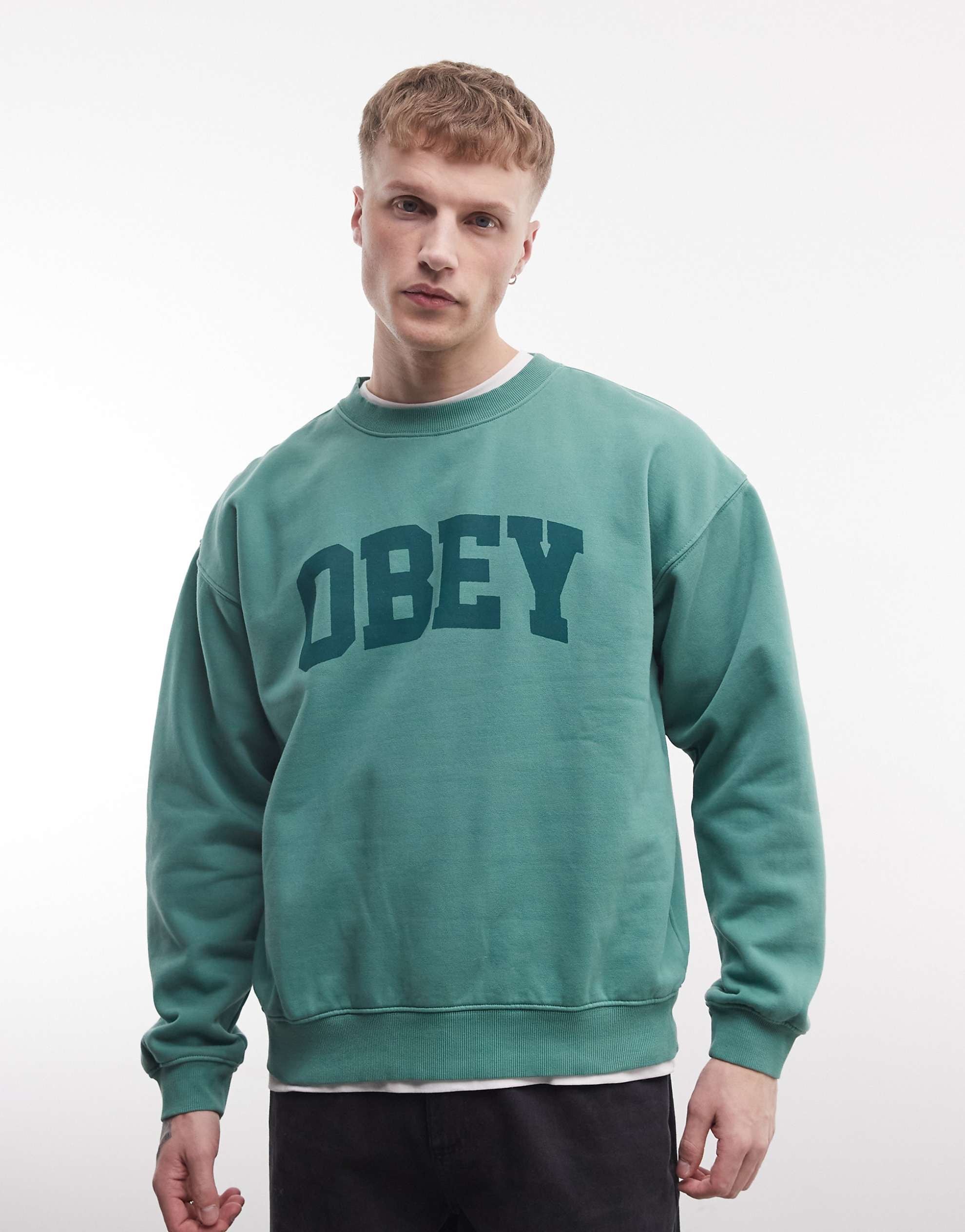 Obey collegiate pigment logo crew neck sweatshirt green