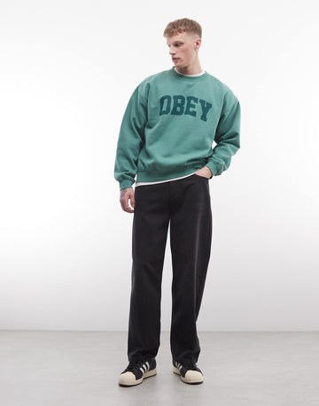 Obey collegiate pigment logo crew neck sweatshirt green