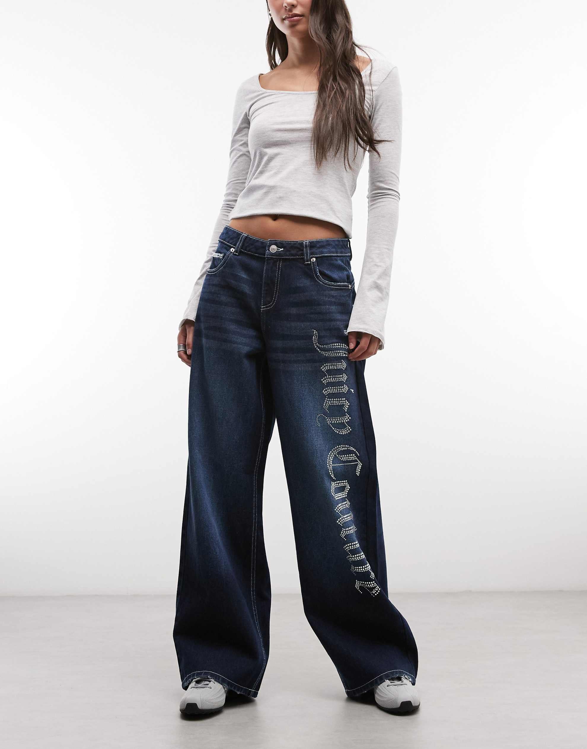 Juicy Couture mid rise wide leg jean diamante midwash blue