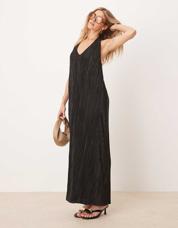 DESIGN plisse halter maxi dress black