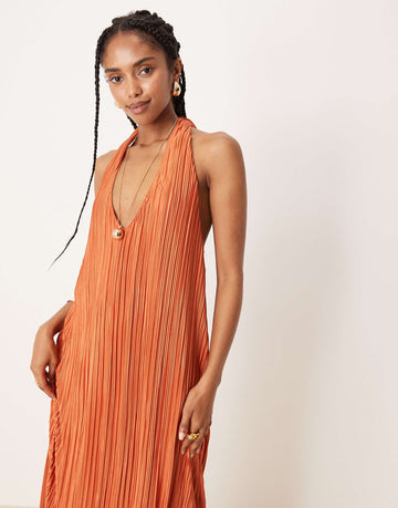 DESIGN plisse halter maxi dress rust