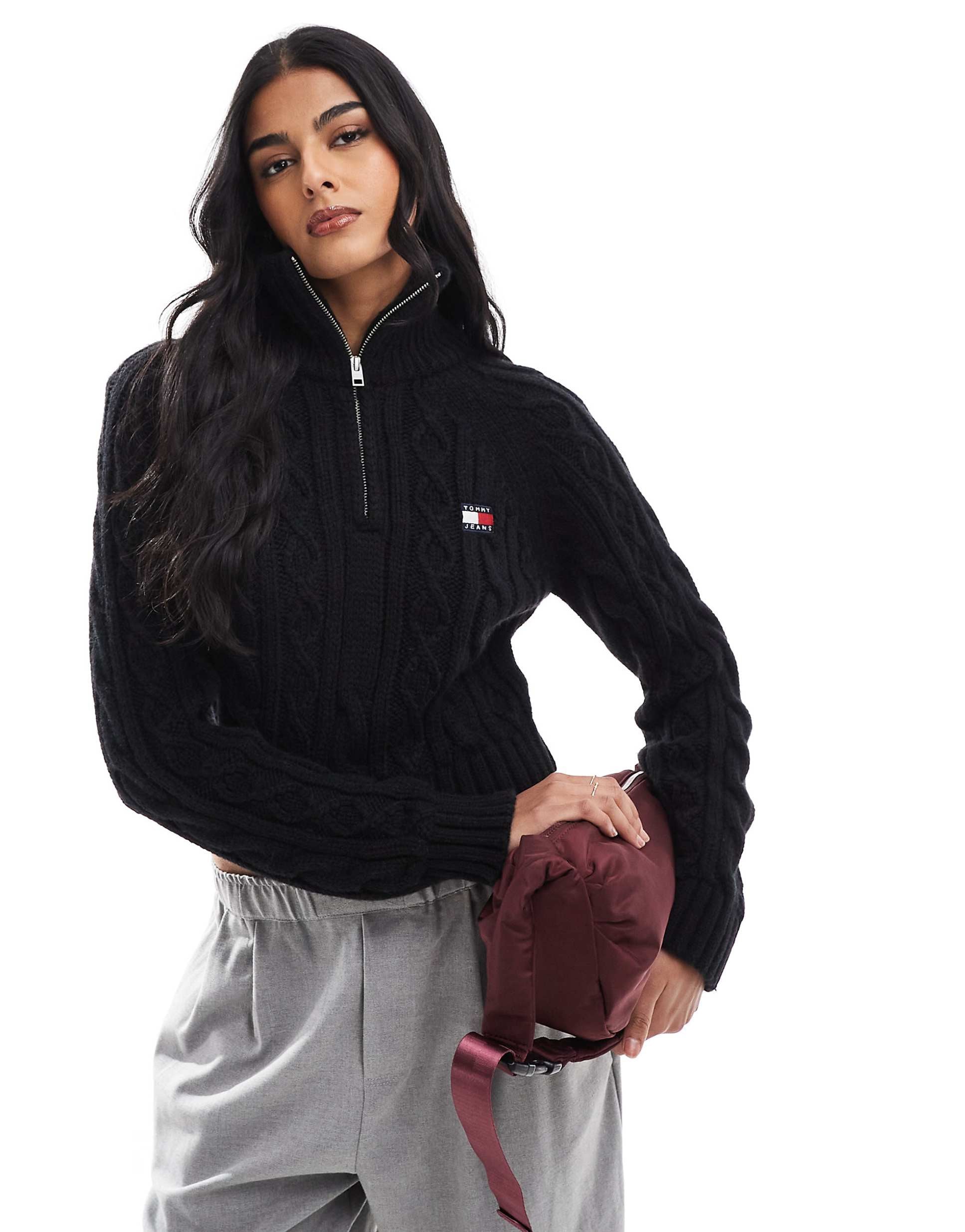 Tommy Jeans cable knit 1/4 jumper black