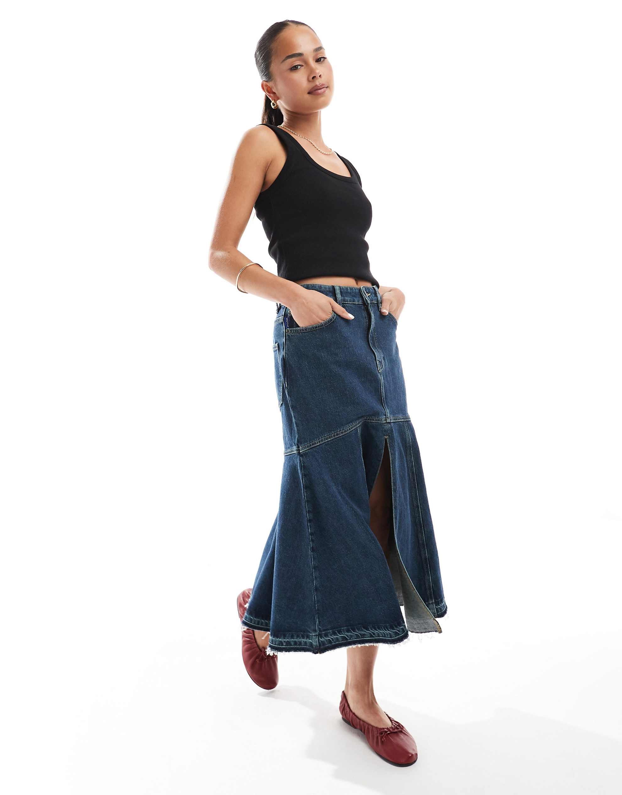 Hugo Blue denim midi skirt navy