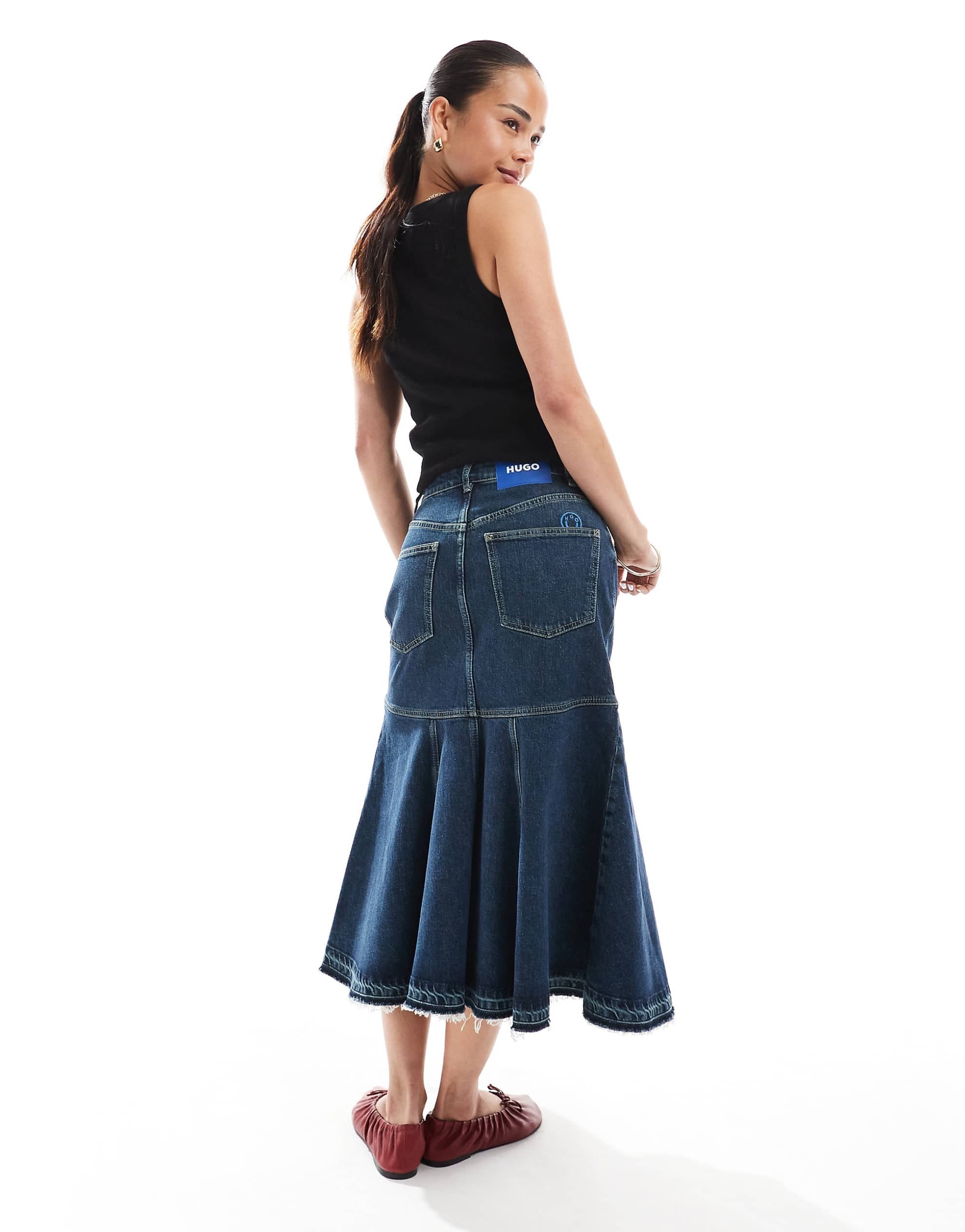Hugo Blue denim midi skirt navy