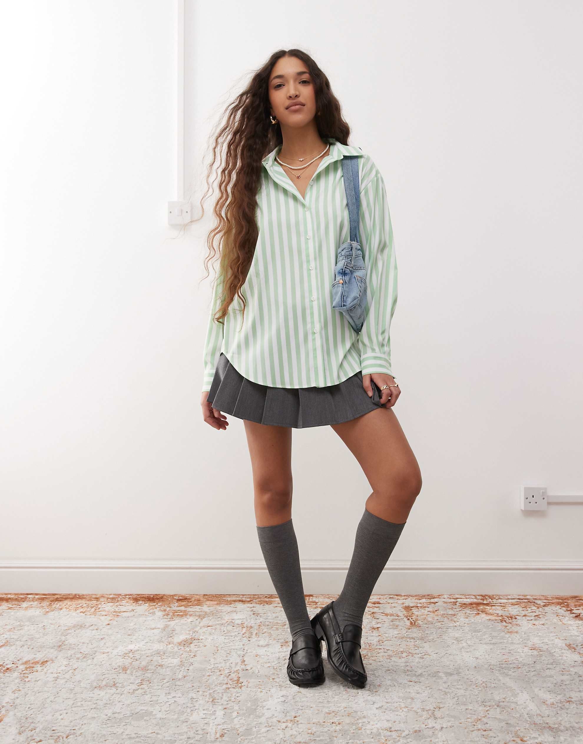 Miss Selfridge oversized shirt green stripe