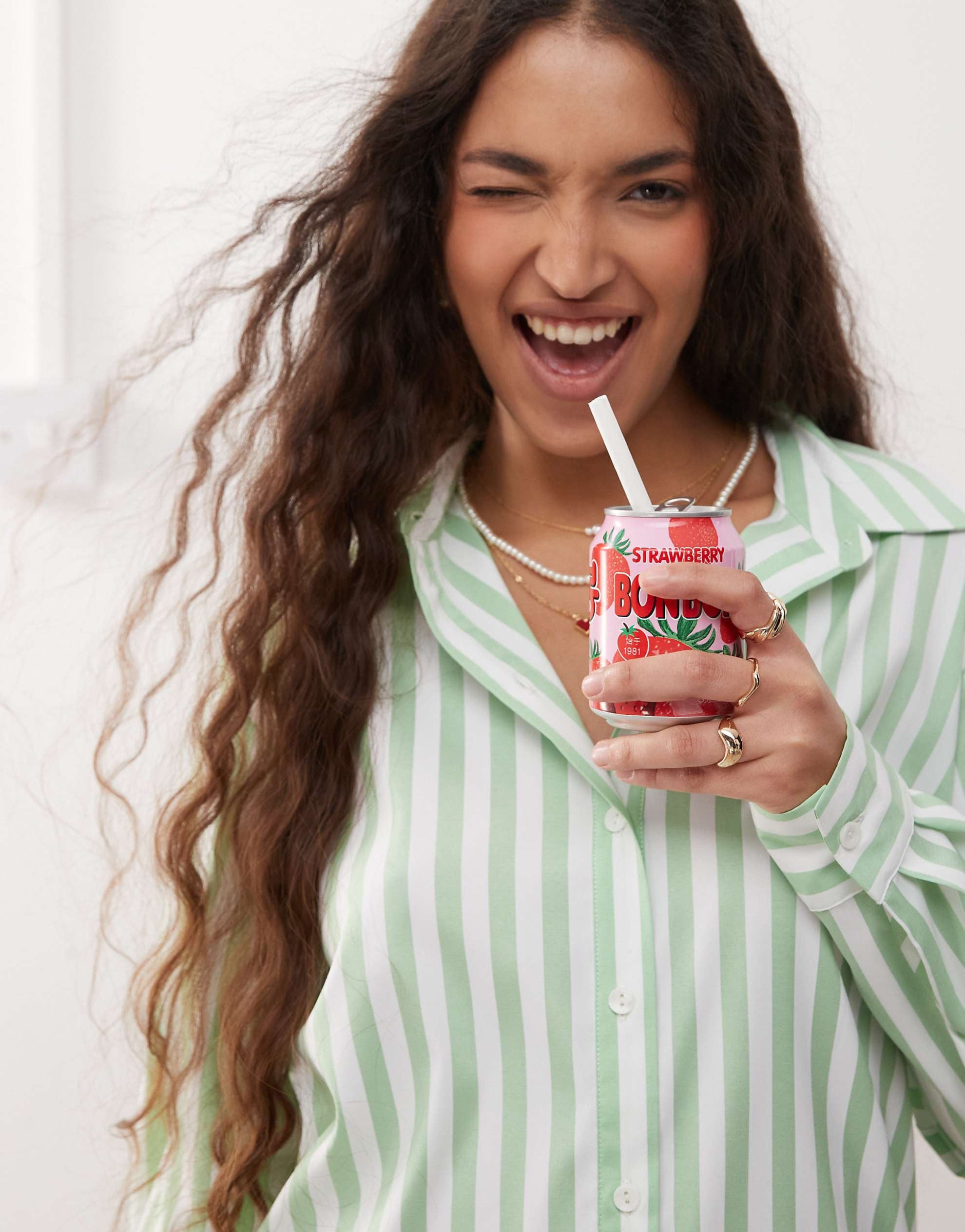 Miss Selfridge oversized shirt green stripe