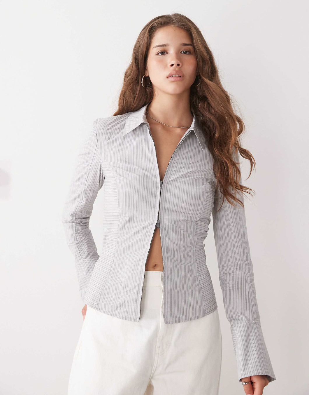 Weekday zip through shirt beige stripe