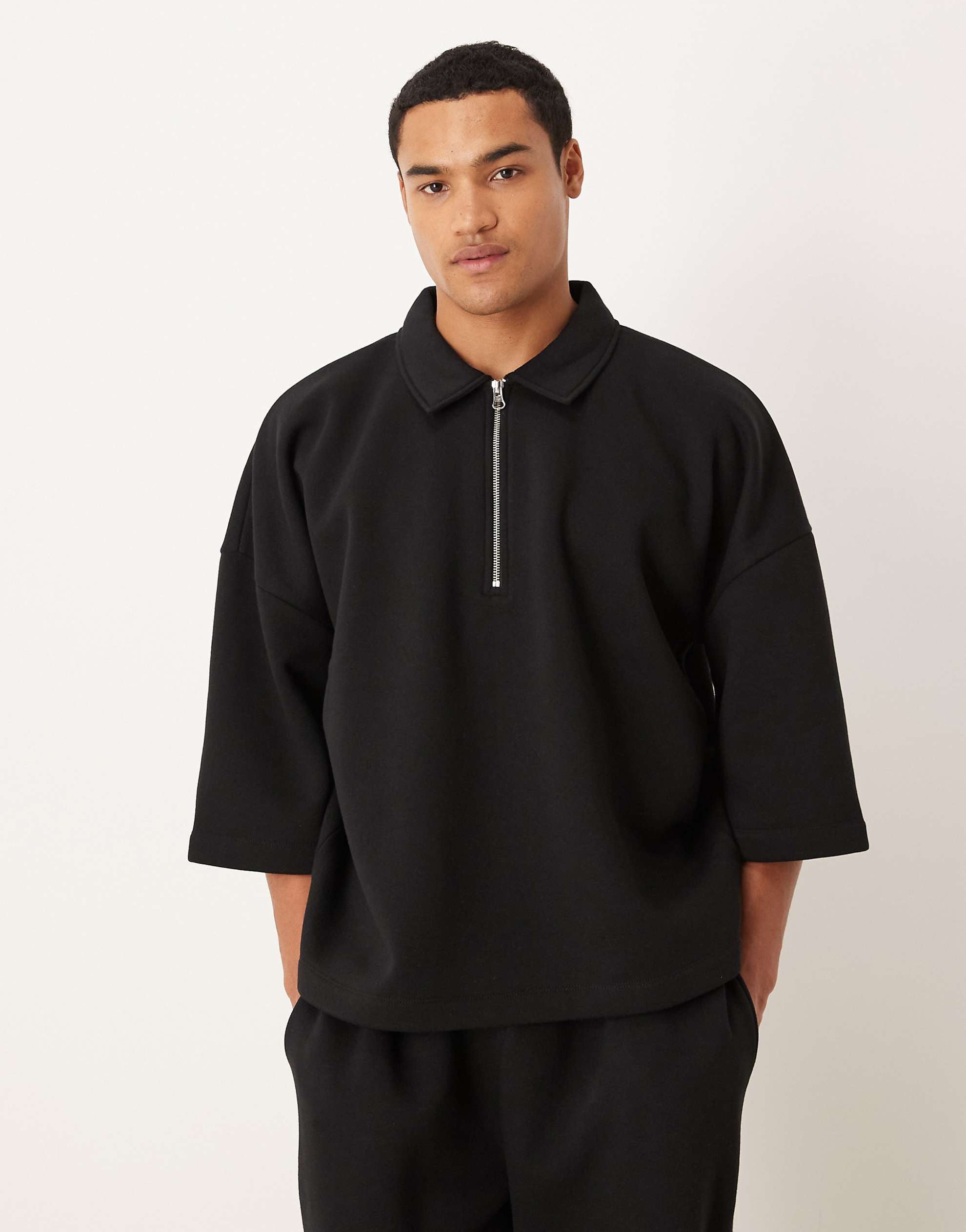DESIGN oversized 3/4 sleeve quarter zip sweatshirt black