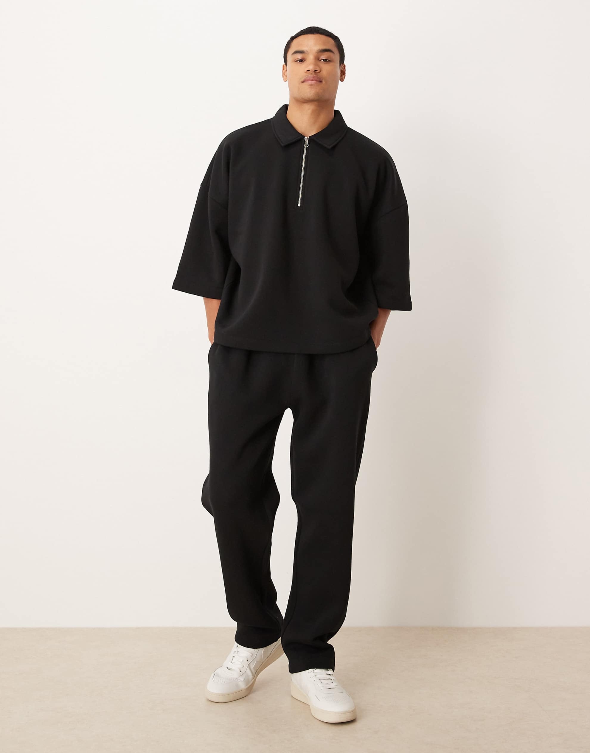 DESIGN oversized 3/4 sleeve quarter zip sweatshirt black