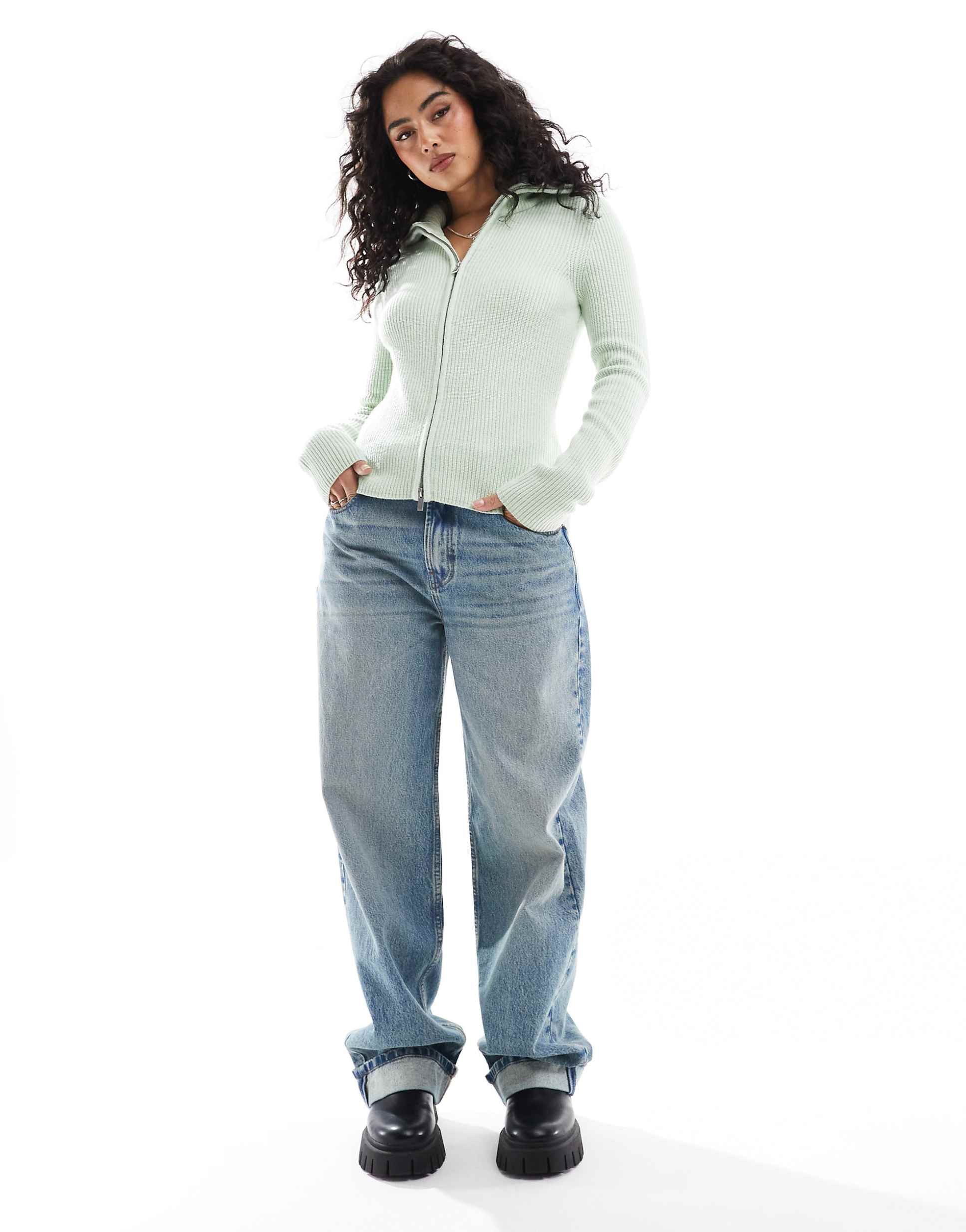 DESIGN knitted zip through collar cardigan green