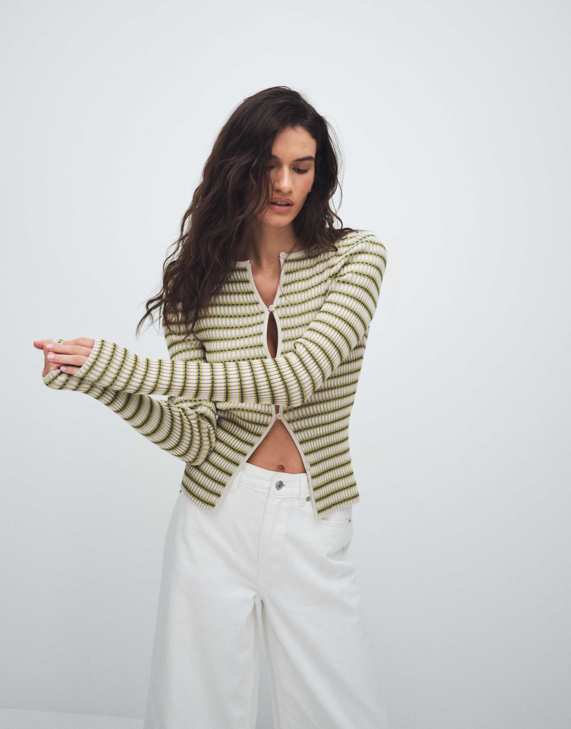 Other Stories ribbed striped button through cardigan green