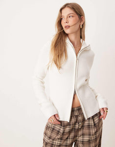 DESIGN knitted zip through collar cardigan cream