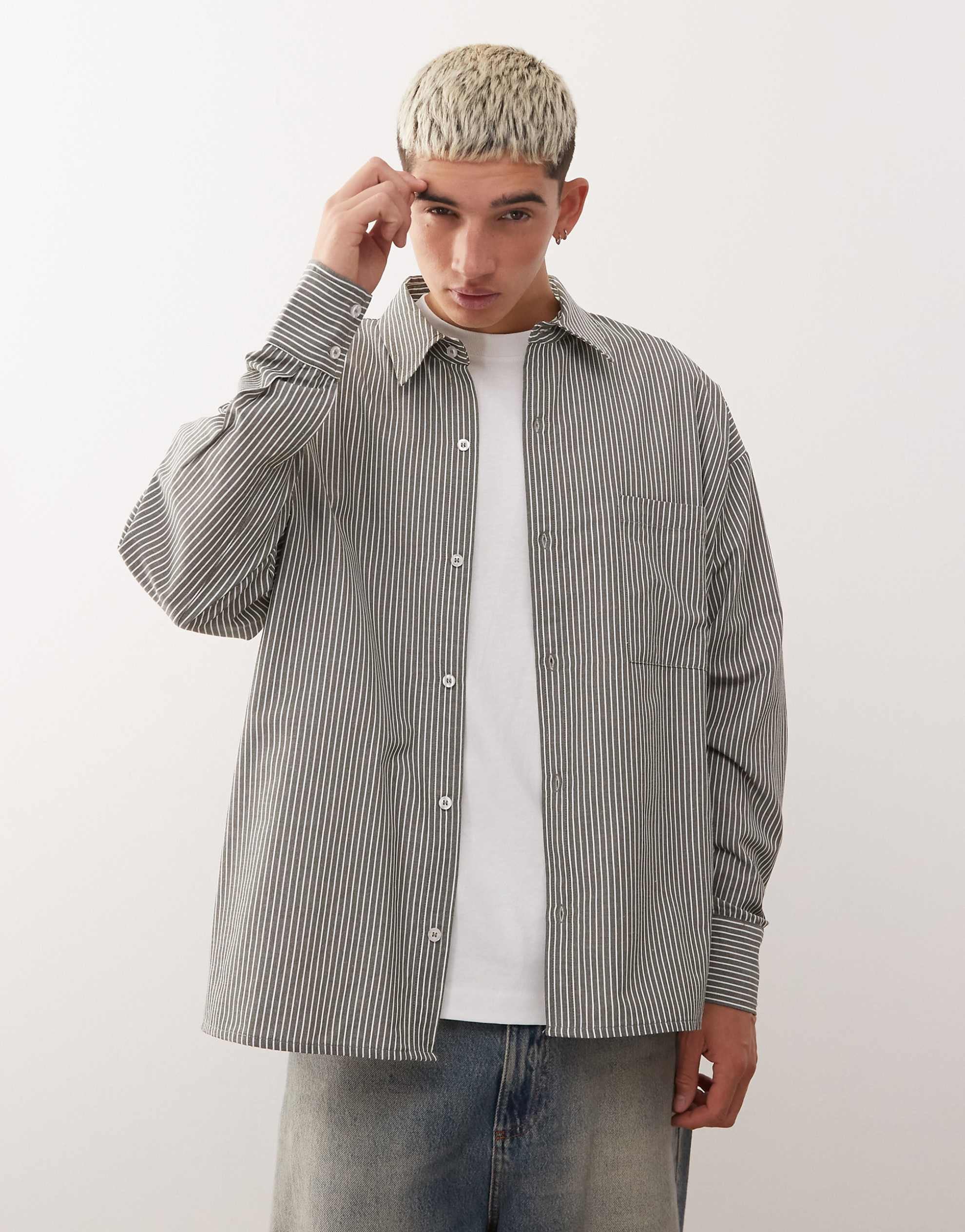 Reclaimed Vintage long sleeve boxy shirt khaki pinstripe