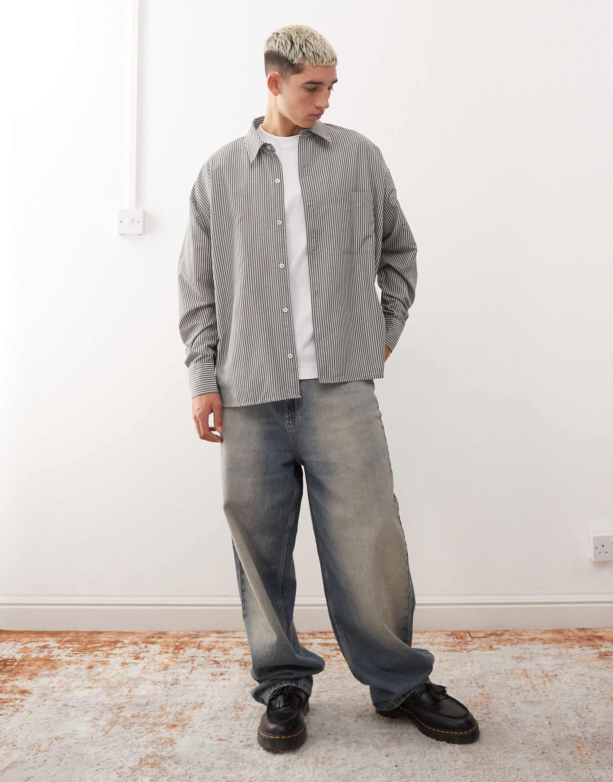 Reclaimed Vintage long sleeve boxy shirt khaki pinstripe