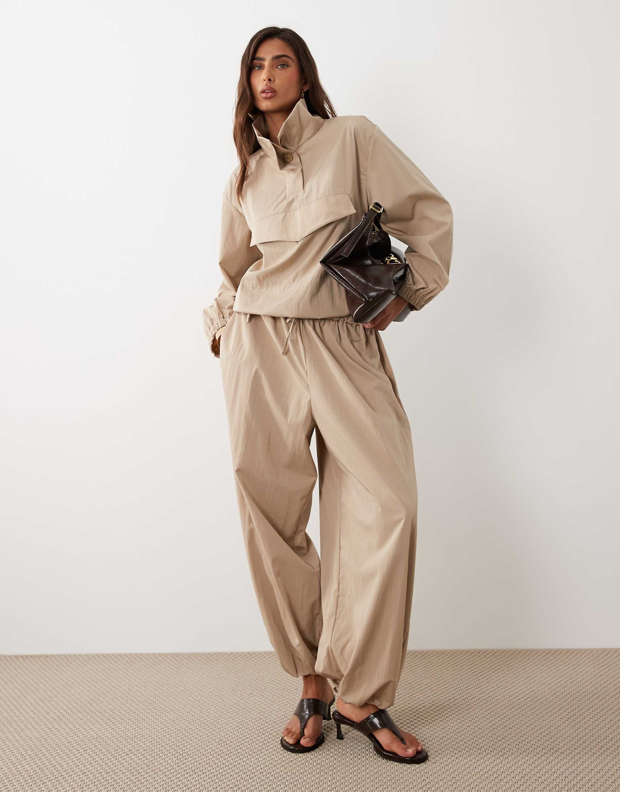 DESIGN techy funnel neck balloon jacket co ord stone