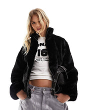 Load image into Gallery viewer, New Look faux fur funnel neck jacket black