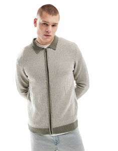 Another Influence textured zip through cardigan khaki