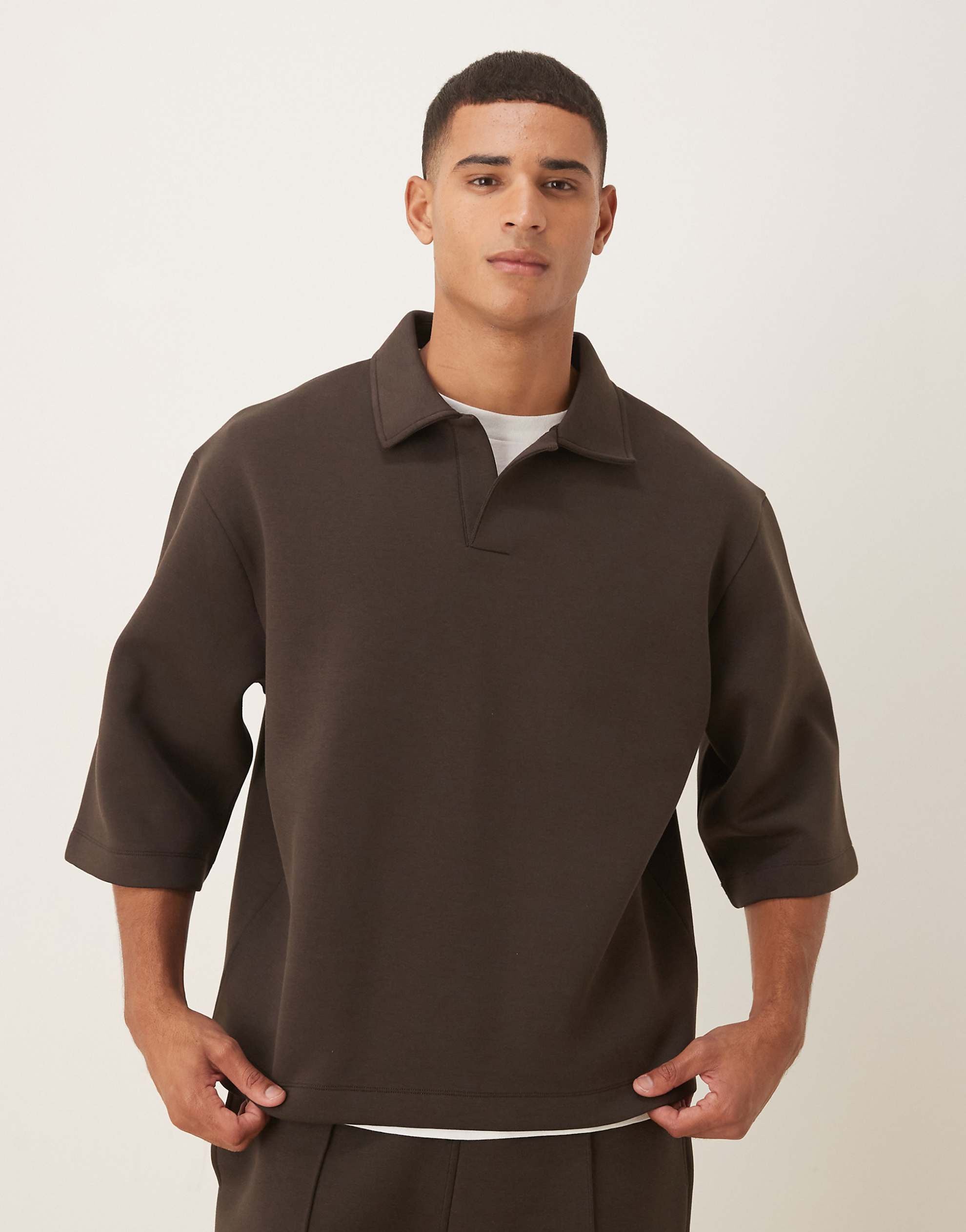 DESIGN oversized 3/4 sleeve polo sweatshirt brown