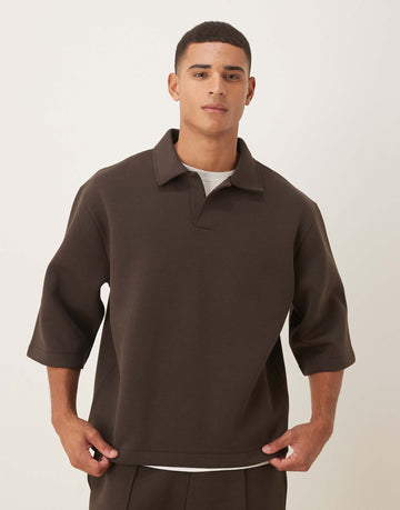DESIGN oversized 3/4 sleeve polo sweatshirt brown