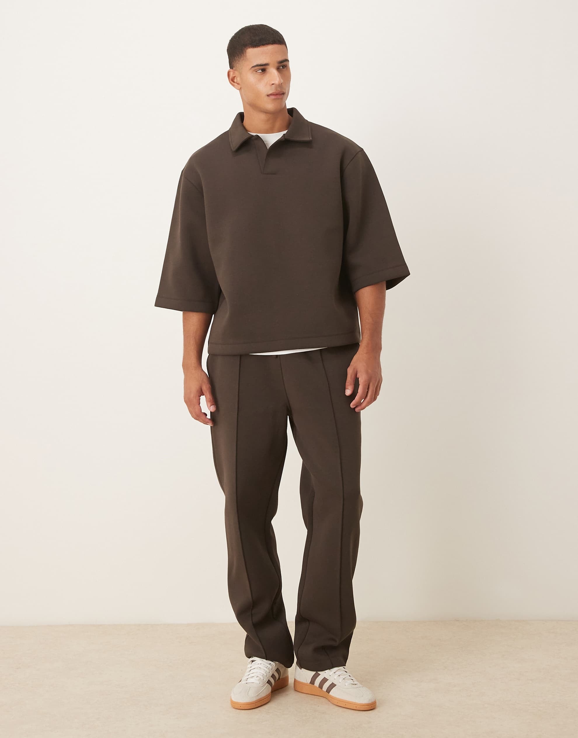 DESIGN oversized 3/4 sleeve polo sweatshirt brown