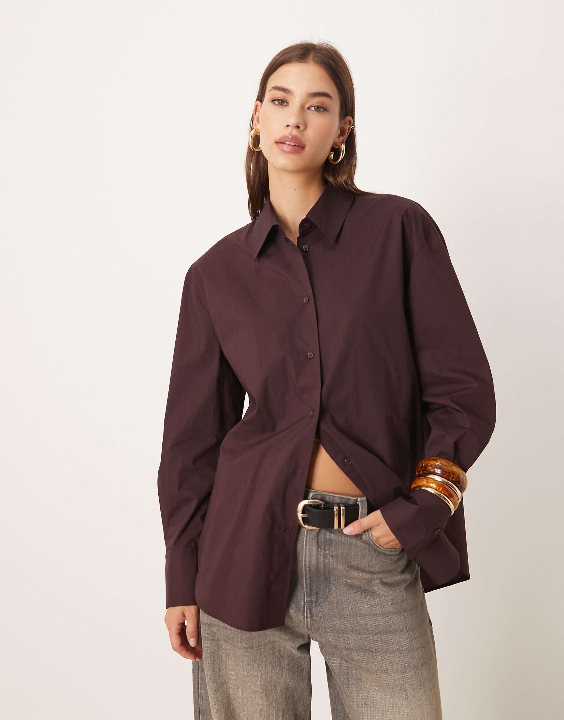 Mango 100% cotton oversized shirt burgundy