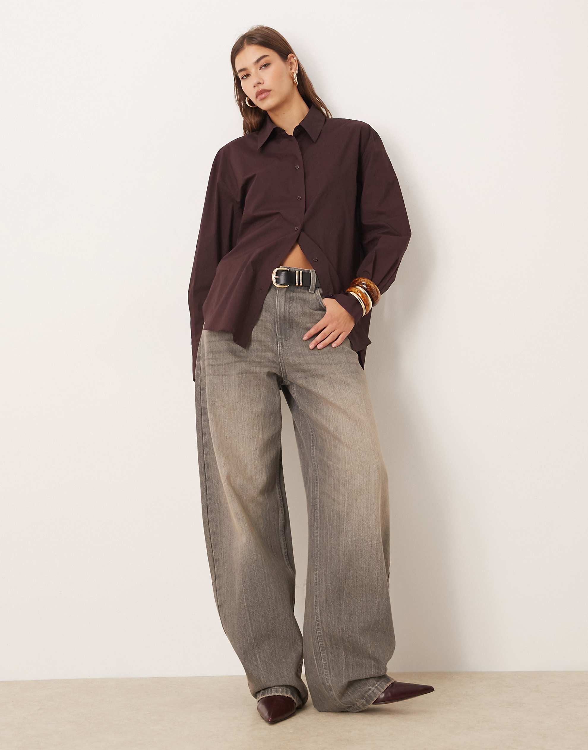 Mango 100% cotton oversized shirt burgundy