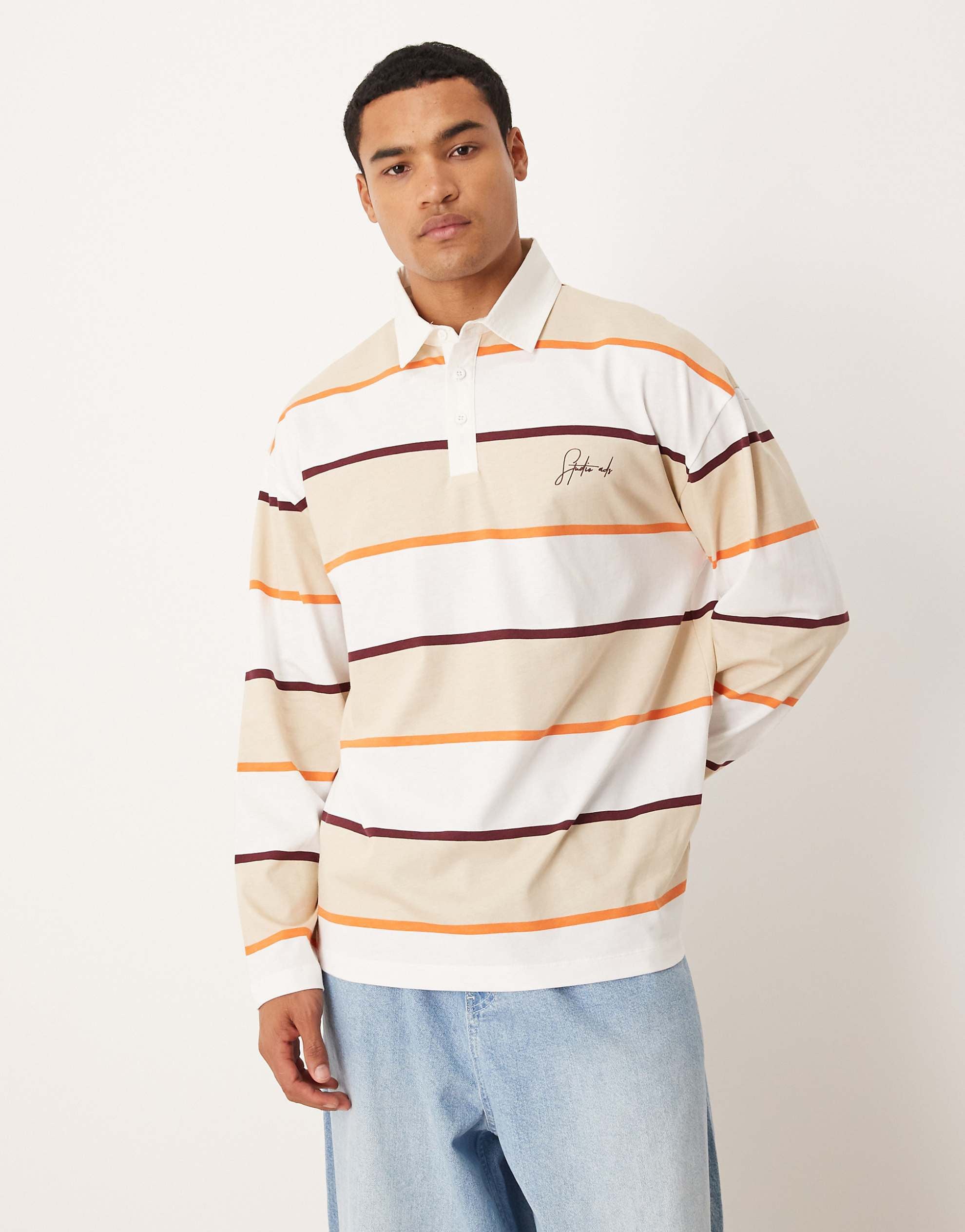DESIGN oversized long sleeve polo graphic neutral stripe