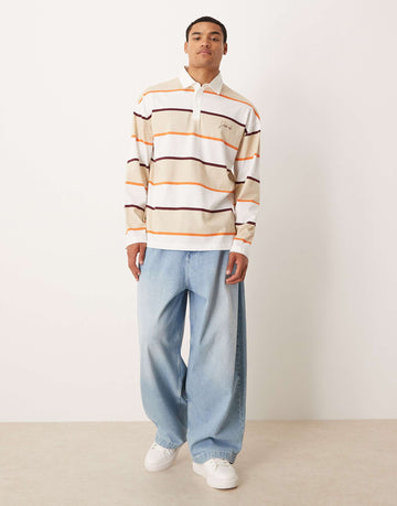 DESIGN oversized long sleeve polo graphic neutral stripe