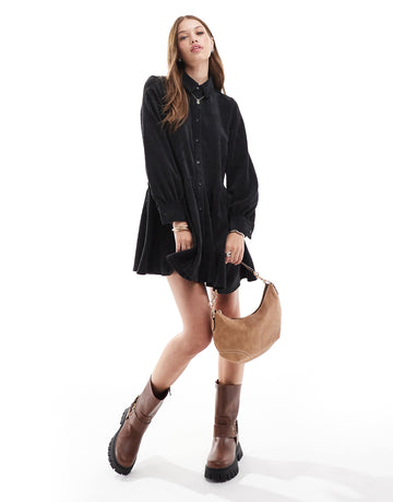 DESIGN cord smock mini dress peplum hem black
