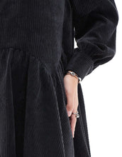 Load image into Gallery viewer, DESIGN cord smock mini dress peplum hem black