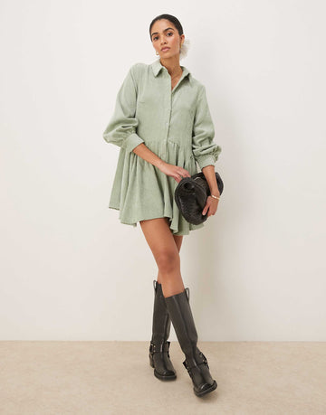 DESIGN cord smock mini dress peplum hem sage green