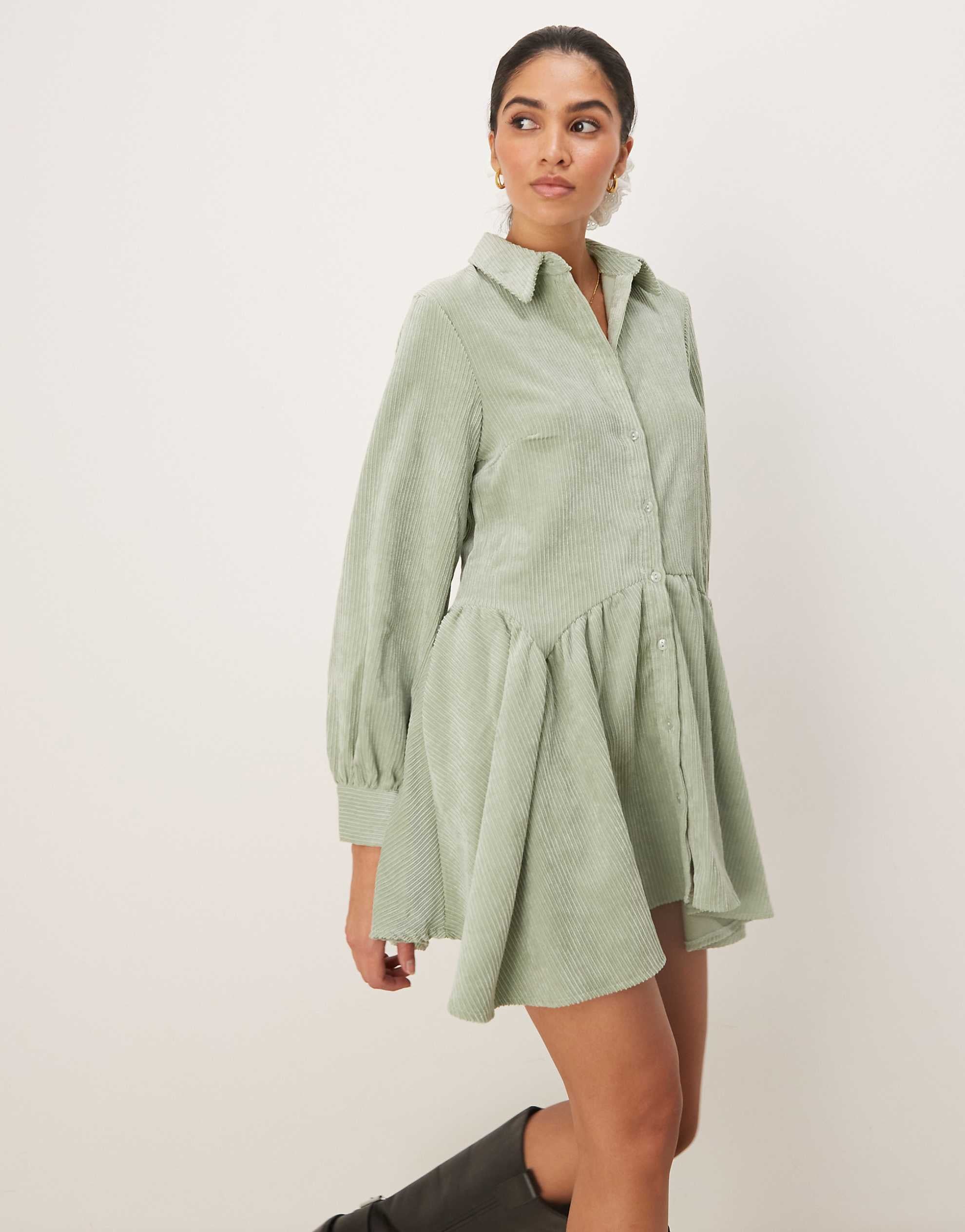 DESIGN cord smock mini dress peplum hem sage green