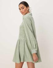 Load image into Gallery viewer, DESIGN cord smock mini dress peplum hem sage green