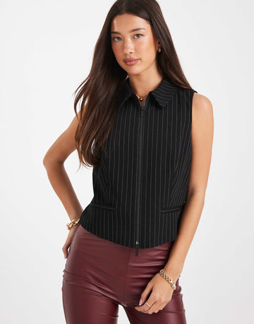 French Connection zip through tailored waistcoat black pinstripe