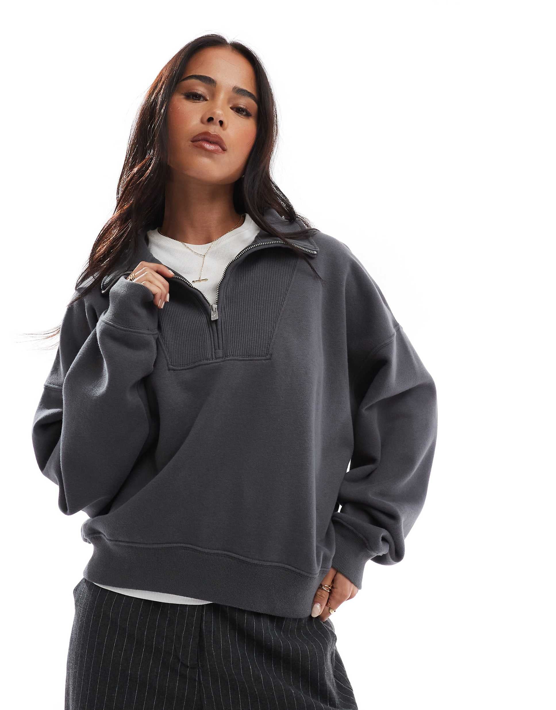 Hollister oversized ribbed half zip sweat top charcoal