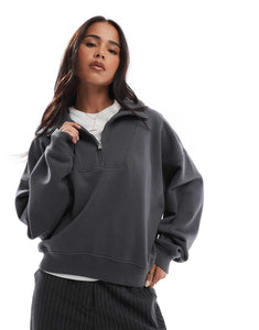 Hollister oversized ribbed half zip sweat top charcoal