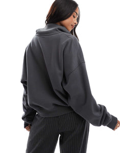 Hollister oversized ribbed half zip sweat top charcoal