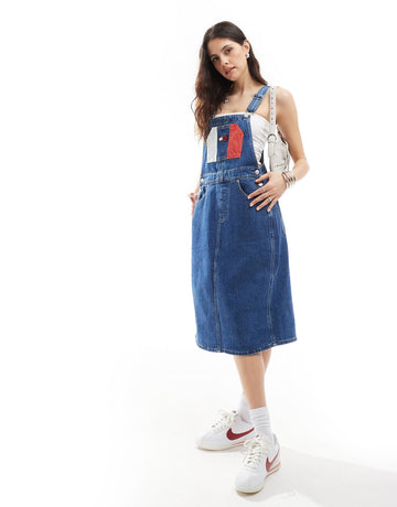Tommy Jeans flag dungaree dress mid wash