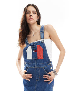 Tommy Jeans flag dungaree dress mid wash