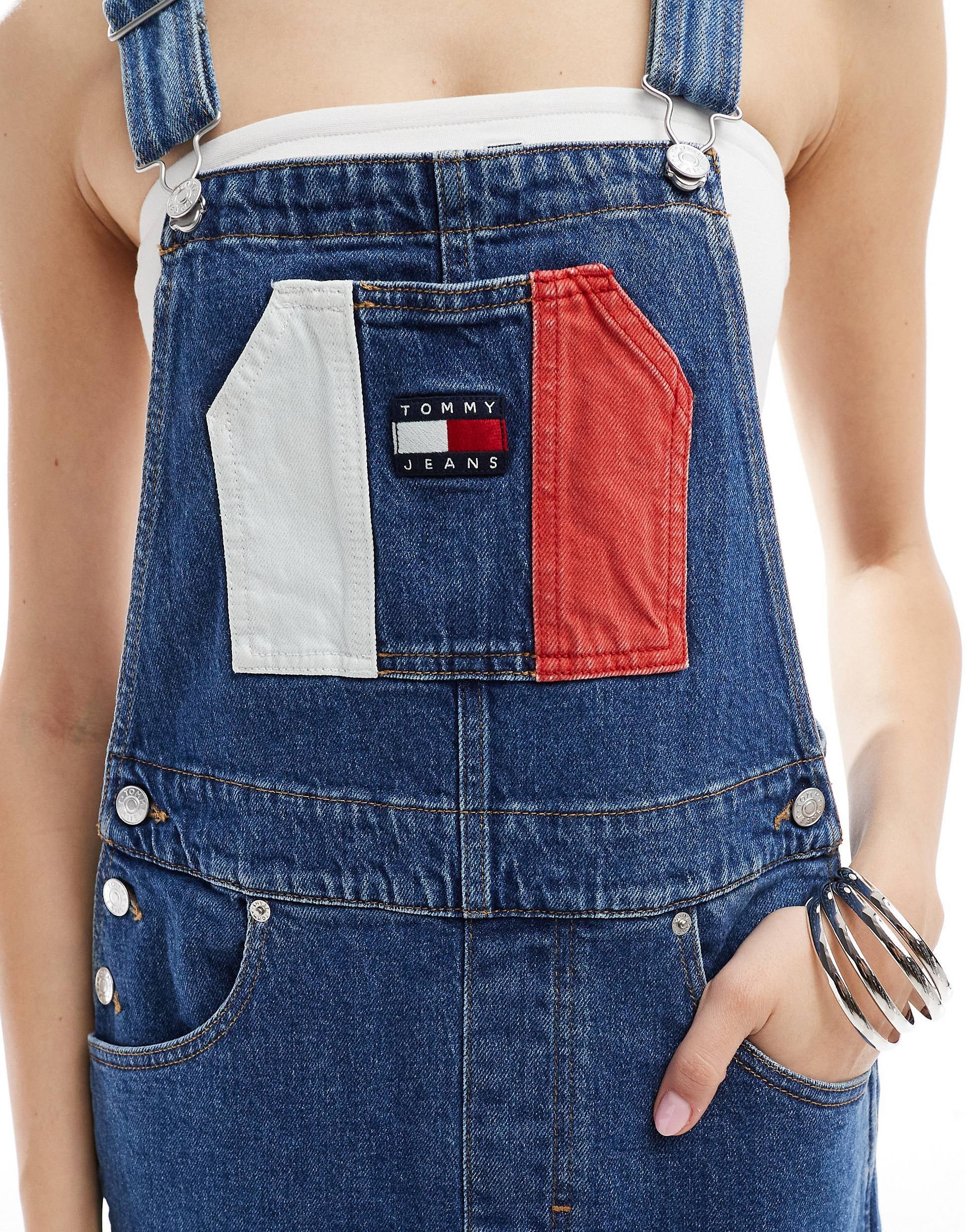Tommy Jeans flag dungaree dress mid wash