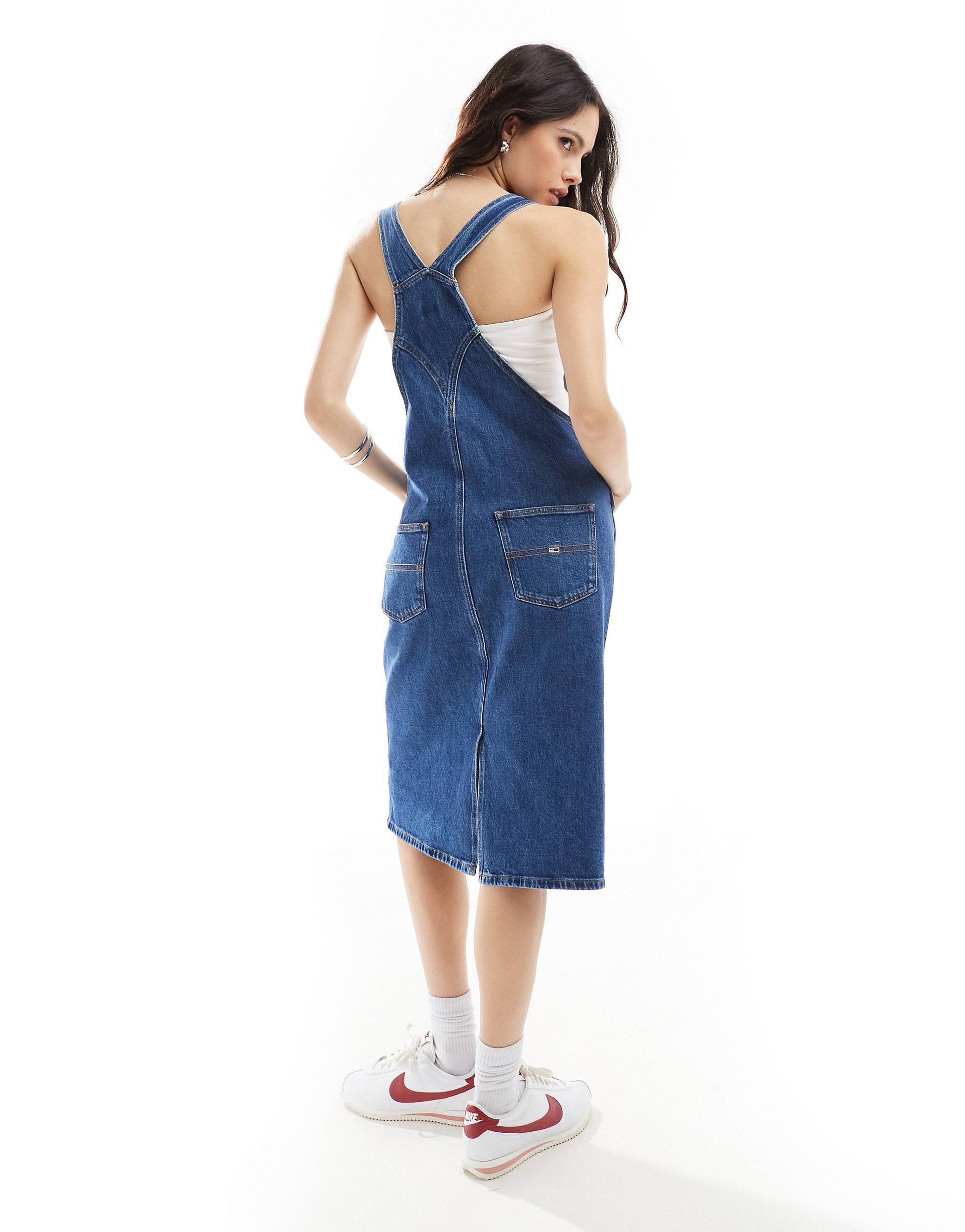 Tommy Jeans flag dungaree dress mid wash