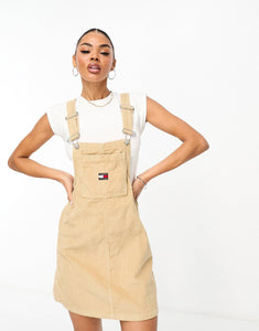 Tommy Jeans logo corduroy pinafore dress sand