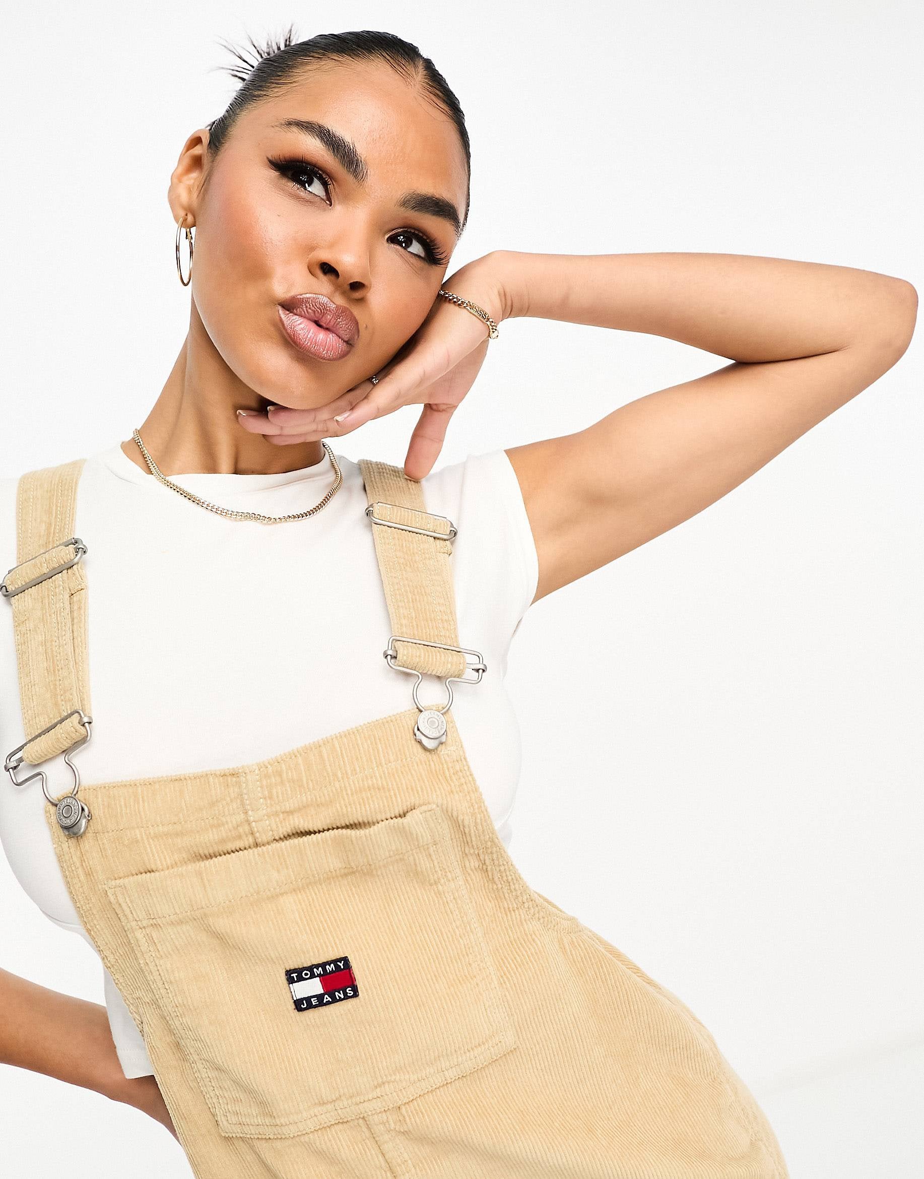 Tommy Jeans logo corduroy pinafore dress sand