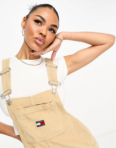 Tommy Jeans logo corduroy pinafore dress sand