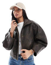 Load image into Gallery viewer, DESIGN Petite funnel neck leather look bomber jacket brown
