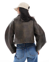 Load image into Gallery viewer, DESIGN Petite funnel neck leather look bomber jacket brown