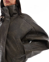 Load image into Gallery viewer, DESIGN Petite funnel neck leather look bomber jacket brown